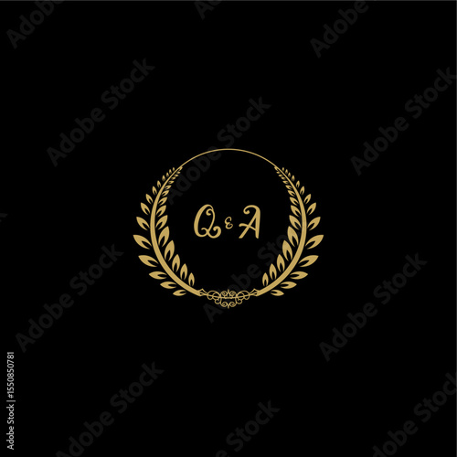 QA beautiful feminine and elegant wedding monogram initial logo with circle floral gold