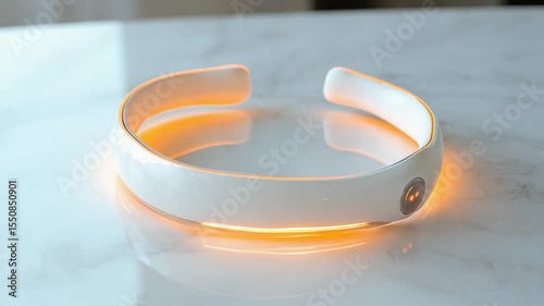 Modern wearable device glowing on marble surface, showcasing innovative design