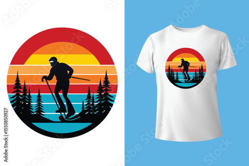 Ski winter sport vintage typography t shirt design with glasses and skier silhouette	