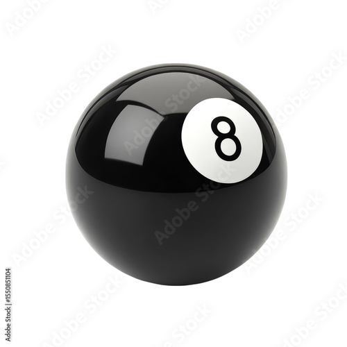 Glossy black eight ball on white background, classic pool billiard ball with number 8, shiny spherical sports equipment for gaming and competition