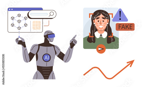 Robot with AI analyzes deepfake image, facial recognition data, detection warning, and upward trend line. Ideal for AI technology, digital ethics, cybersecurity, innovation, fraud prevention data