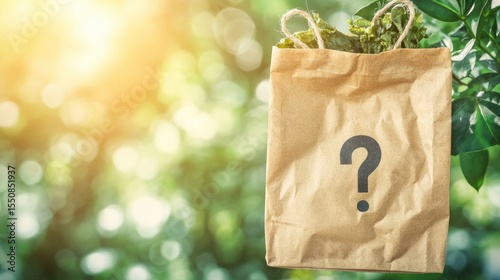 Brown paper bag with a question mark design outdoors.
