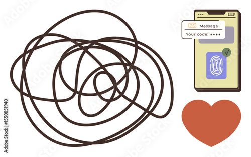 Phone with 2-factor authentication, fingerprint scan, message confirmation, abstract tangled line, and heart icon. Ideal for technology, cybersecurity, identity verification, communication emotion