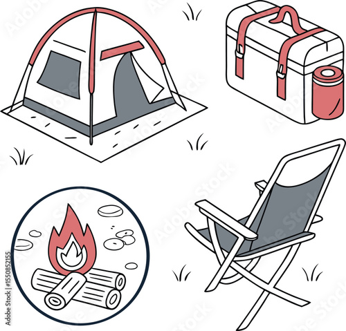 camping icons set with a canoe, marshmallow on a stick, binoculars, hammock, and mountain bike