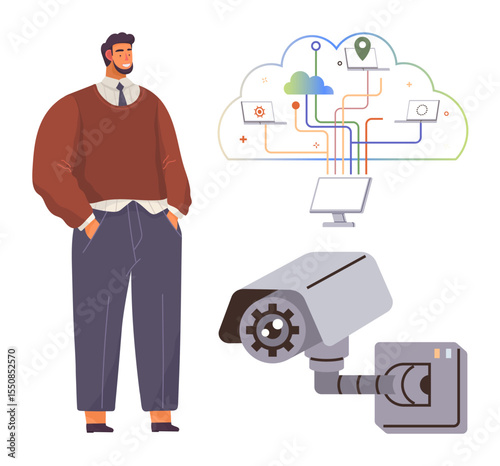 Man observes connections between cloud network, devices, and surveillance camera. Ideal for technology, security, privacy, IoT, data management surveillance and connectivity. Clean simple flat