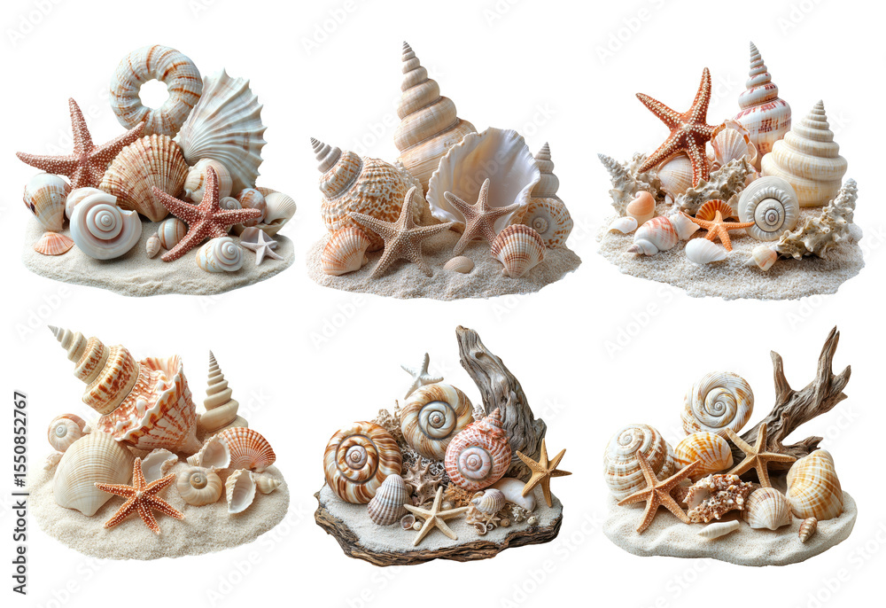 Obraz premium Decorative Shells and Starfish Display on Soft Sandy Background