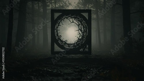 Mysterious portal in a foggy forest setting with eerie atmosphere