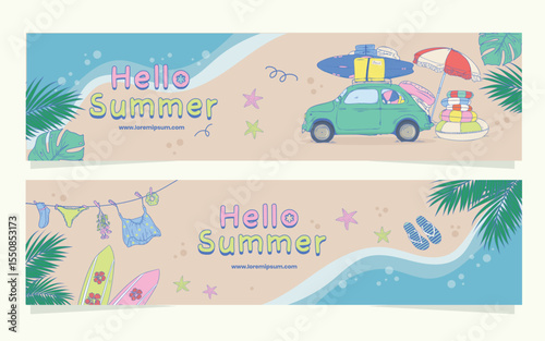 Tropical Vacation Web Banner Hand Drawn Illustration Pack  with playful elements and bright colors. Great for travel agencies, summer sales, or blog visuals.