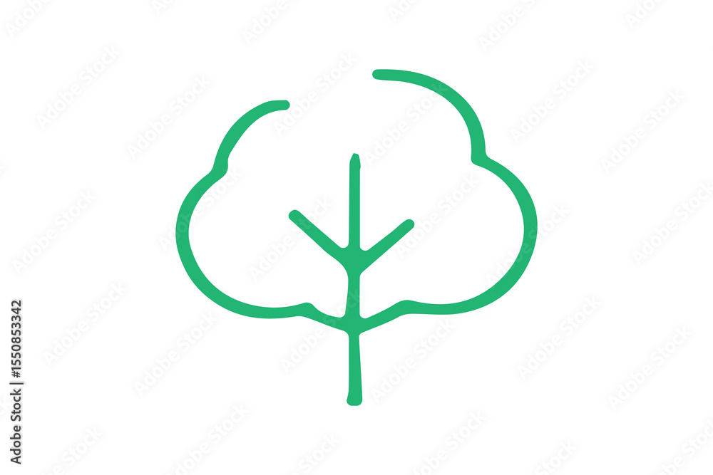 Fototapeta premium The image shows a simple green line icon of a cotton plant. The design features a stylized cotton boll with a central stem branching out into three symmetrical arms.