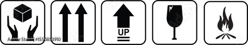 Shipping and Handling Black and White Minimalist Safety Icon Set – Fragile, This Side Up, Flammable, and Handle with Care Vector Symbols for Packaging Design, Labels and Logistics