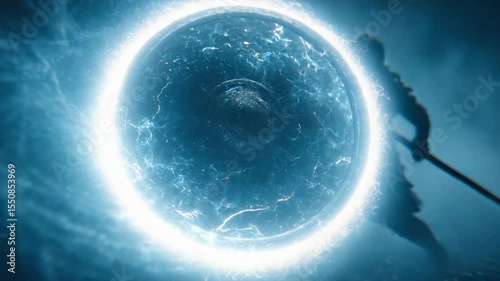 Mysterious warrior wielding a spear amidst a glowing energy portal