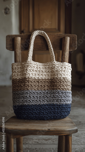 Handmade crochet bag with textured stripes neutral colors, placed rustic wooden chair cozy indoor setting, evoking warm and natural aesthetic, perfect for casual use or as stylish accessory