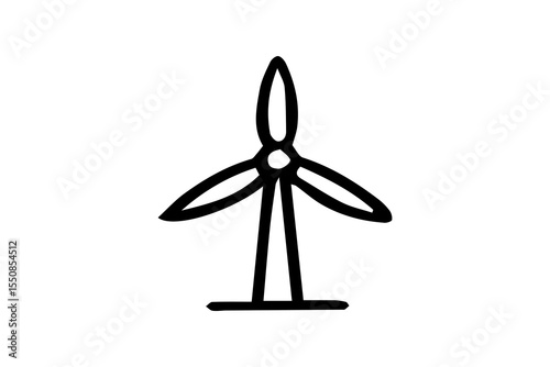 The image shows a black and white icon of a wind turbine. It consists of a tall tower with three curved blades attached to a central hub