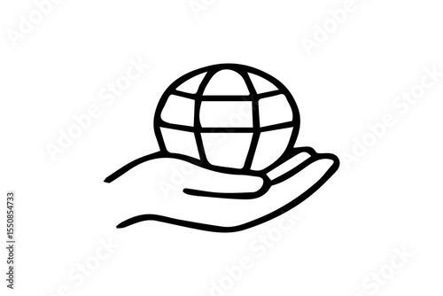 This image is a black and white line art icon showing a hand holding a globe. The globe is depicted with a grid pattern representing meridians and parallels.