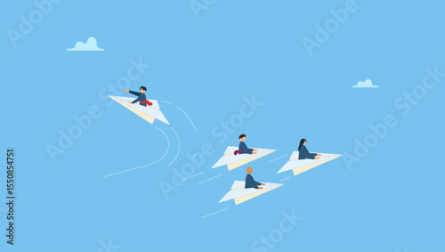 Flat vector illustration of a businessman changing the direction of an origami airplane. Changing career path or different directions business, courage to see opportunity concept.