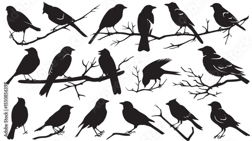 Set of black bird silhouettes. Vector elements for design
