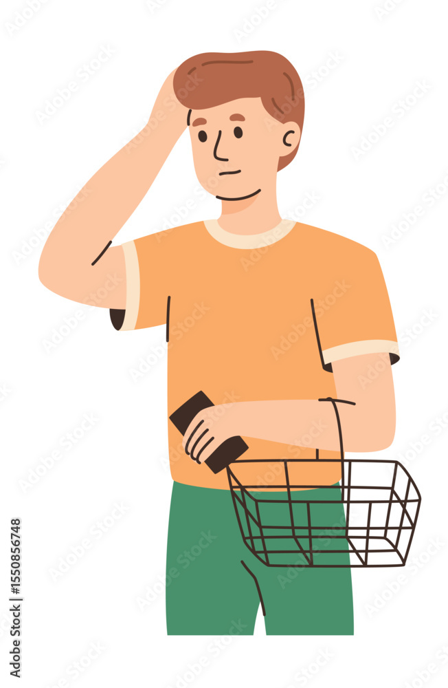 Fototapeta premium Male buyer choosing goods in retail store. Concept of choosing goods. Flat vector illustration.