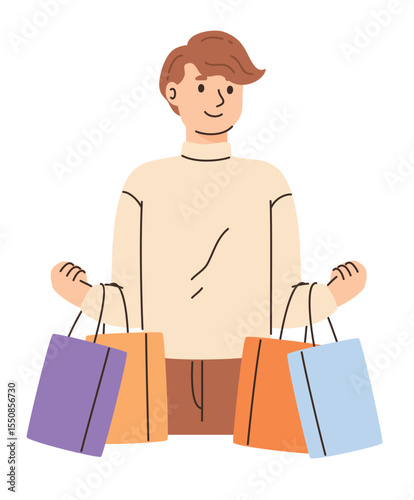 Man with bags buying goods in retail store. Flat vector illustration.