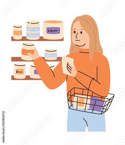 Woman buyer choosing goods in retail store. Flat vector illustration.