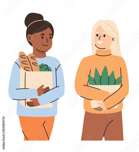Two women buying goods in a retail store. Flat vector illustration.