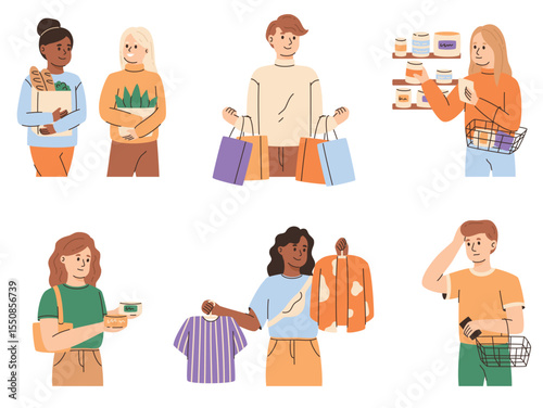 Male and female shoppers choosing products in retail stores. Customers deciding what to buy. Flat vector illustration.