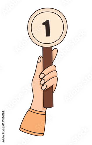 Hand holding card with number 1. Points scored in competition. Flat vector illustration.