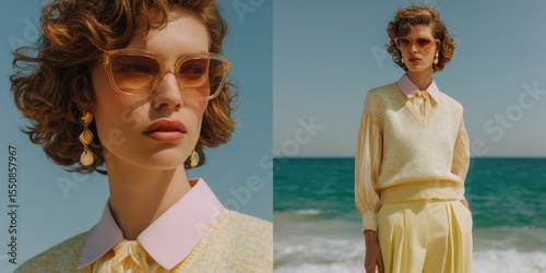 Fashionable woman in a yellow sweater and pants by the sea.