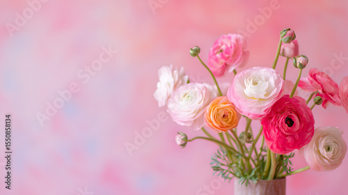 Pink and white ranunculus bouquet, a delicate floral centerpiece symbolizing grace and elegance.