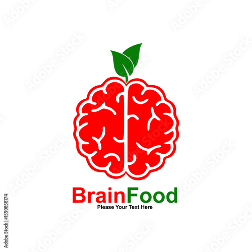 Creative "Brain Food" logo with a brain resembling a fruit with leaves. Ideal for nutrition, supplements, or educational brands promoting mental health and cognitive development.