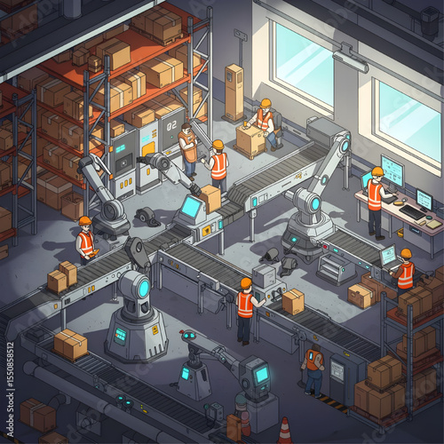 Isometric illustration of automated warehouse with workers and robots