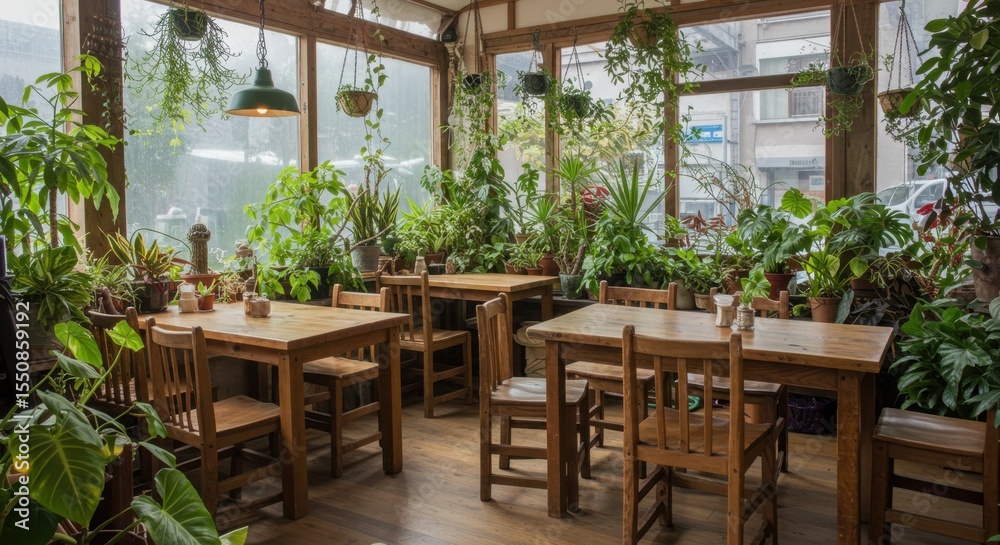 Fototapeta premium Serene Greenhouse Cafe: Wooden Tables Amidst Lush Greenery