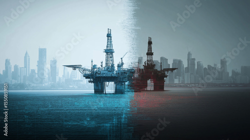 Oil extraction graphs visual insights of offshore drilling platforms amid urban skyscapes