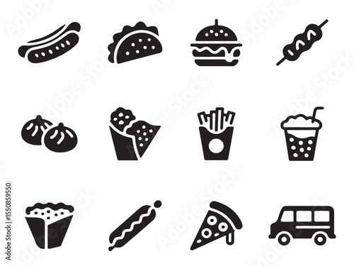 a set of simple, solid black icons representing various fast food items vector art on white