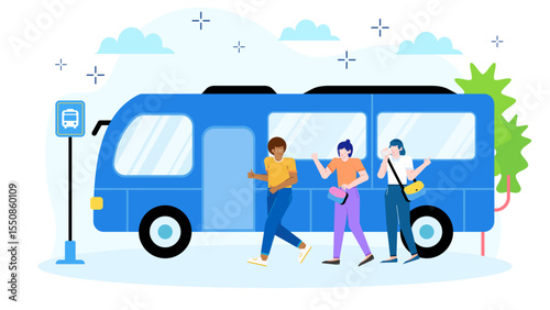Three people boarding a blue bus at a stop. Ideal for transportation or commuting related concepts in web or print design.