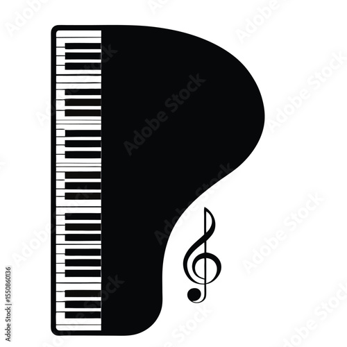 Elegant black and white vector illustration of a grand piano with treble clef