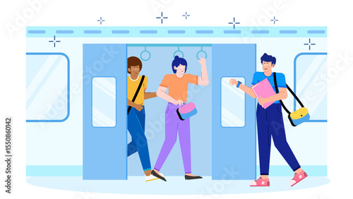 Three students board a train with bags and books. Ideal for education, travel, back to school, transportation, and student life concepts.