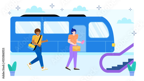 Two people walk near a blue train and escalator. Suitable for urban transportation or travel related themes in design projects.