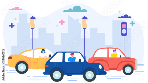 Three drivers patiently waiting in their cars at a busy city intersection, depicting urban commuting or rush hour traffic scenes. Suitable for transportation concepts.