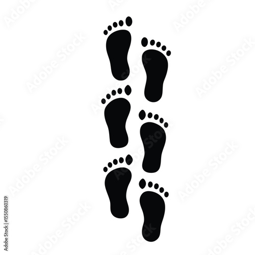 Black footprints in a vertical row showing footsteps on a white background vector illustration