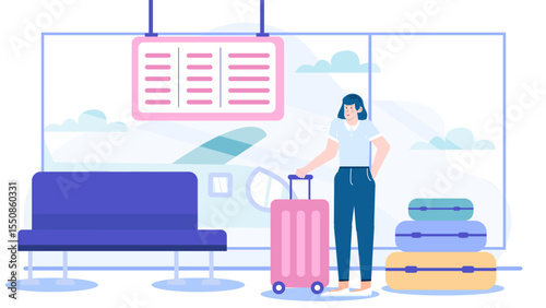 Woman in airport with luggage by departure board. Perfect for travel agencies, airlines, websites, and blogs related to travel.