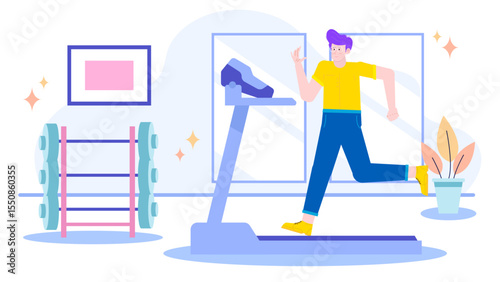 Man running on treadmill in home gym suitable for fitness blogs, workout magazines, health websites, gym ads, exercise illustrations.