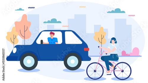 Urban transportation scene with car and bicycle sharing road in a city. Great for showcasing coexistence of different modes of transport in an urban setting.