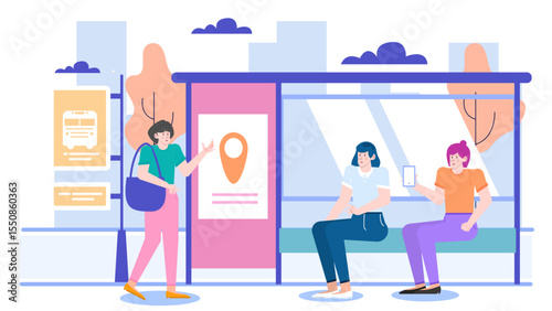 Three women at city bus stop, looking at mobile phones. Suitable for transportation, urban lifestyle, city commute, technology concepts.