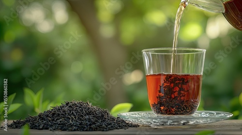 Dark tea leaves being poured into a glass cup.