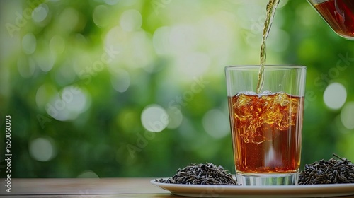 Brewed tea being poured into a glass.