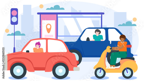 Cars, scooters, and people commuting in a bustling city, depicting urban transportation and city life. Suitable for transportation or city related content.