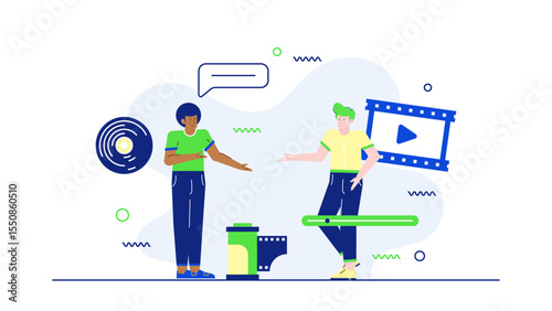 Two people in discussion near vintage film reel and vinyl record, suitable for media, entertainment, music, communication concepts.