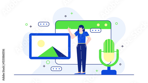 Woman presenting online content with a microphone, ideal for virtual events, webinars, podcasts, eLearning platforms, and digital marketing presentations.