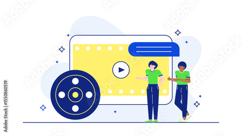 Two people near a video player and film reel. Suitable for movie reviews, filmmaking tutorials, and entertainment industry presentations.