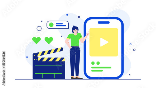 Woman holds phone, clapperboard, and hearts, ideal for social media, filmmaking promotions, movie reviews, communication concepts, and love themed designs.